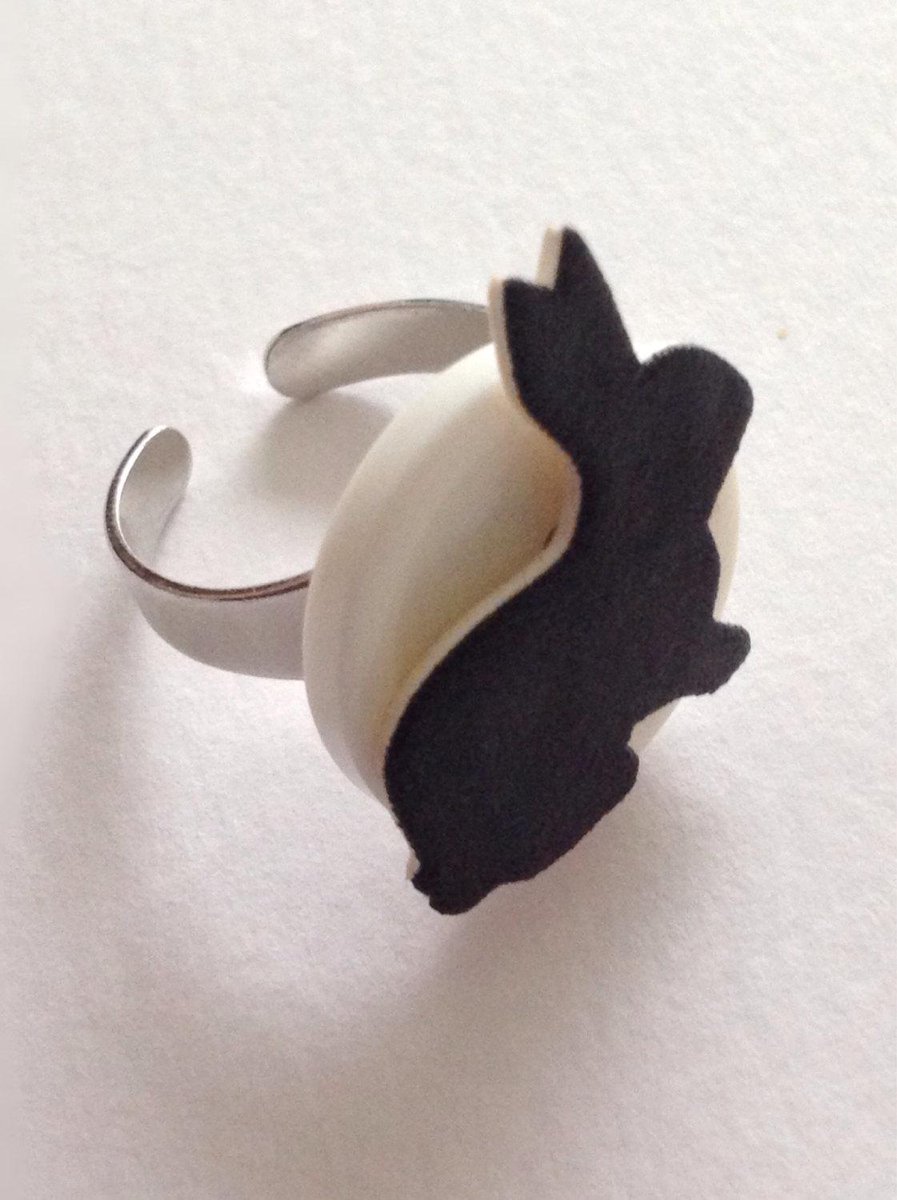 buck_lj's tweet image. Bunny ring-sillhouette bunny set on a white button creating a monochrome … etsy.me/1ERUp3Z #Etsy #RabbitRing