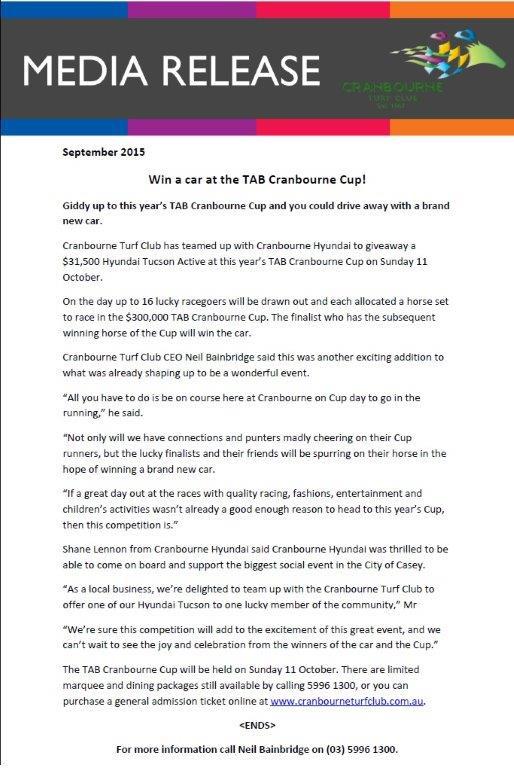 SthsideRacing's tweet photo. Here's another reason to make sure you get to @tabcomau Cranbourne Cup. @CityOfCasey biggest day of year #cargiveaway http://t.co/jtcoKOHLSI