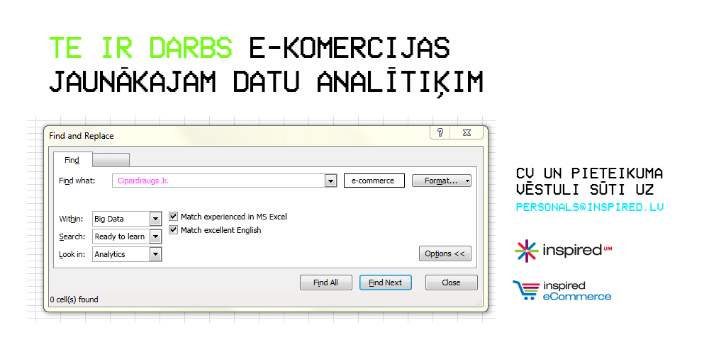 Ctrl+F "cipardraugs jr." #teirdarbs e-komercijas jaunākajam datu analītiķim! Pieteikumu sūti uz personals@inspired.lv