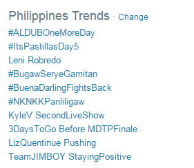 gmanetwork's tweet photo. Now Trending:
#ALDUBOneMoreDay
#BuenaDarlingFightsBack
KyleV SecondLiveShow http://t.co/AqFvREIjj2