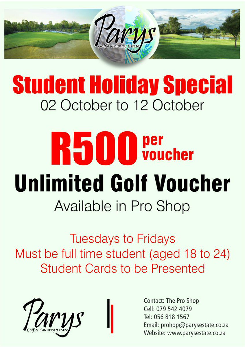 ParysGolfEstate's tweet photo. Student UNLIMITED Holiday Golf vouchers available @ParysGolfEstate. 
#StudentHolidaySpecial #Varsity #Golf http://t.co/nfFWpvnPmR