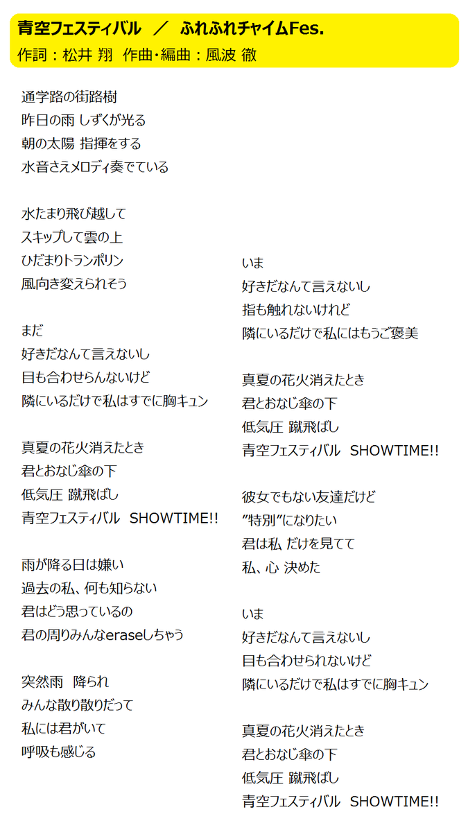 ふれふれチャイムfes 青空フェスティバルの歌詞 ふれふれチャイムfes 略称ふれfes の初オリジナル曲 青空 フェスティバル の歌詞をアップしときますねー Http T Co 1asunxvduk