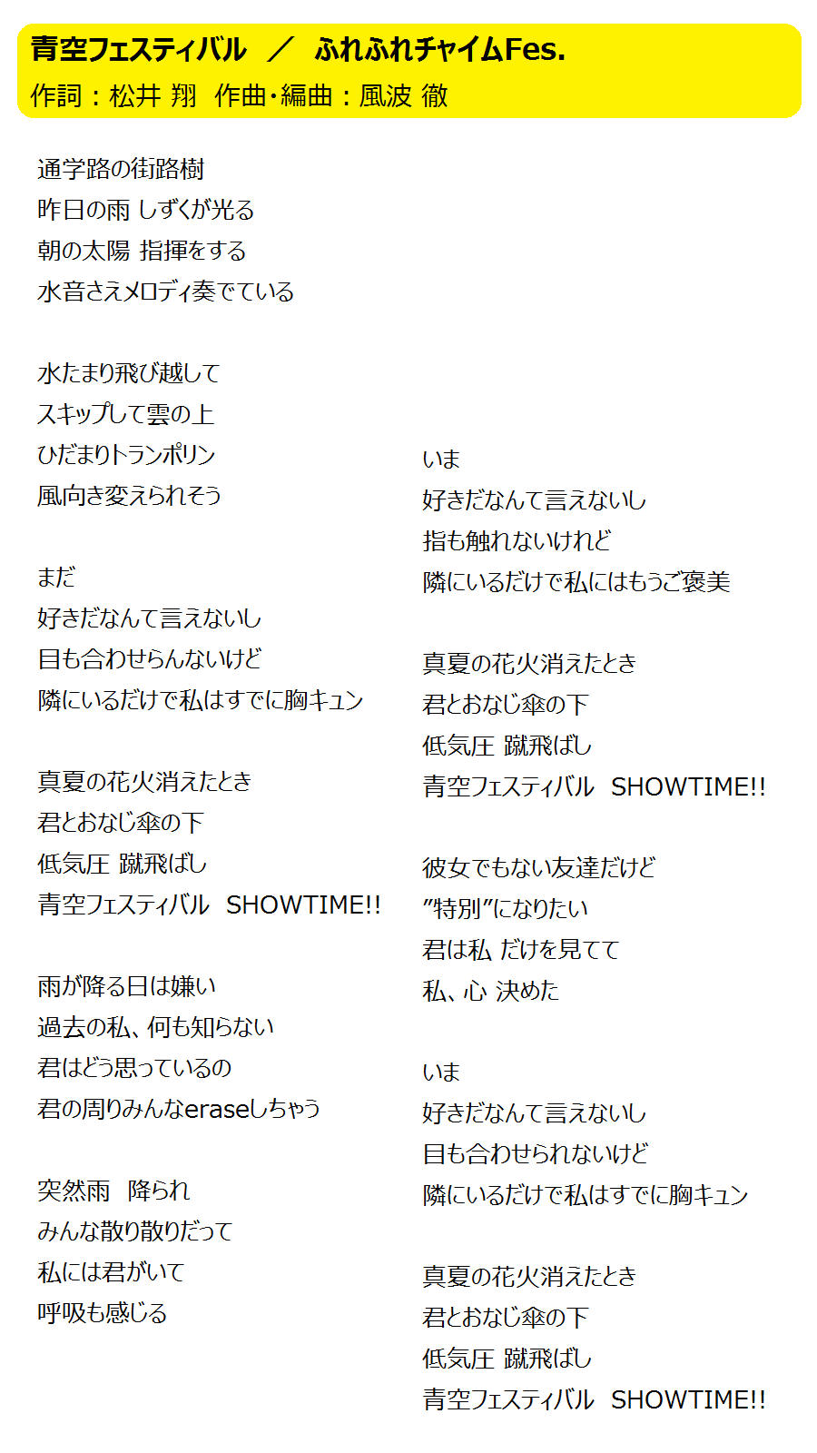 Twitter এ ふれふれチャイムfes 青空フェスティバルの歌詞 ふれふれチャイムfes 略称ふれfes の初オリジナル曲 青空 フェスティバル の歌詞をアップしときますねー Http T Co 1asunxvduk ট ইট র