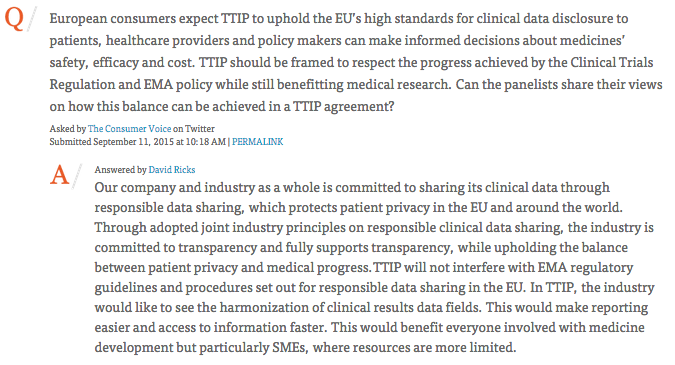 EFPIA's tweet photo. In #TTIP, the industry would like to see the harmonization of clinical results data fields #TTIPqa http://t.co/UnnU7NA59F