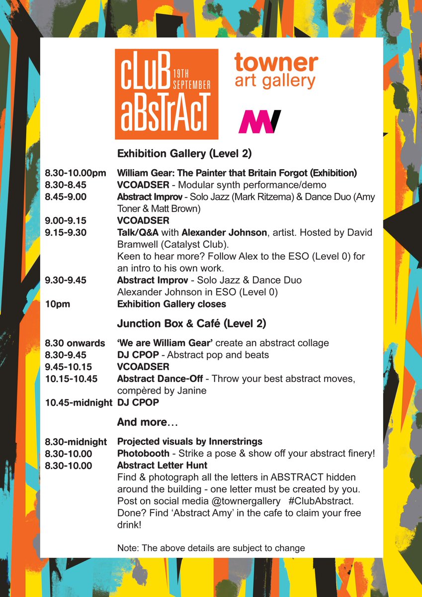 TownerGallery's tweet photo. At long last, we unveil final lineup for #ClubAbstract. Adv tix £8, more on door http://t.co/mGf4nQO3ZE http://t.co/2Rz5uthf70