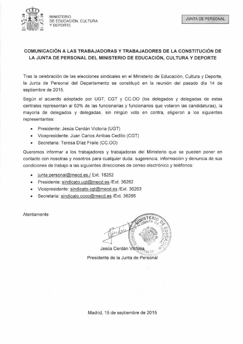 UGTEDUCACIONSC's tweet photo. Se ha constituido la Junta de Personal y Comité de Empresa de madrid del Ministerio de Educación, Cultura y Deporte. http://t.co/u0eKBegfNH