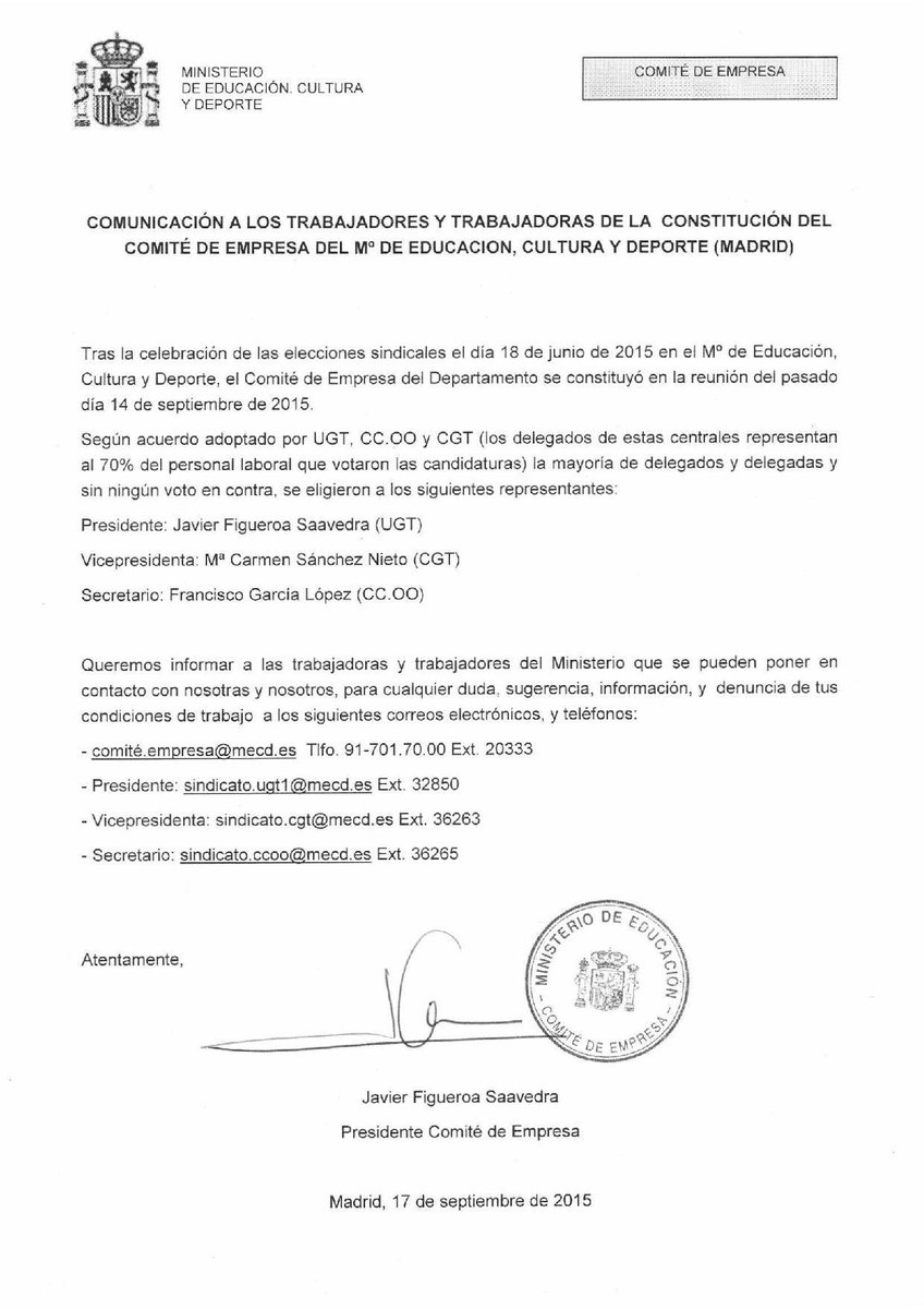 UGTEDUCACIONSC's tweet photo. Se ha constituido la Junta de Personal y Comité de Empresa de madrid del Ministerio de Educación, Cultura y Deporte. http://t.co/u0eKBegfNH