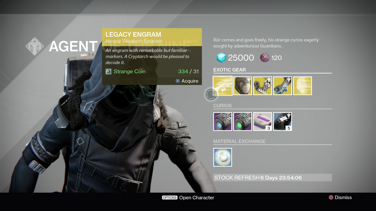 MoreConsole's tweet photo. Xur's stock. Legacy Engram is 31 Strange coins. Helmet Engram is 19. Three of Coins is 7. http://t.co/0ryPYmERgE