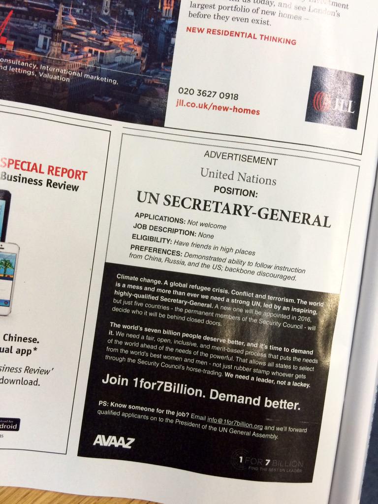 1for8billion's tweet photo. What's that in @TheEconomist this morning? An advert for the post of @UN Secretary-General..? @Avaaz @TheElders http://t.co/nKQ7GbBe4g