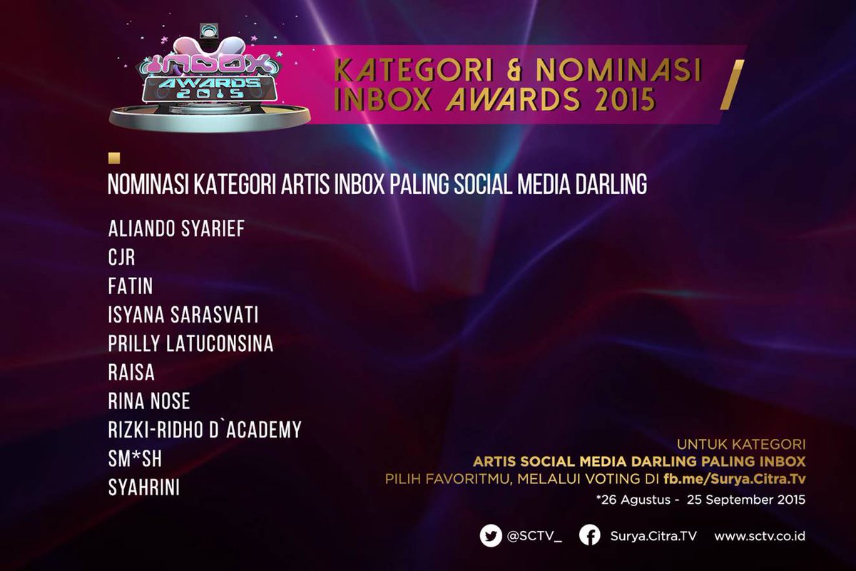 Dukung kategori <a href="/InboxSCTV_/">Inbox SCTV</a>  Awards "Artis Inbox Paling Social Media Darling".
Voting melalui fb.me/surya.citra.tv