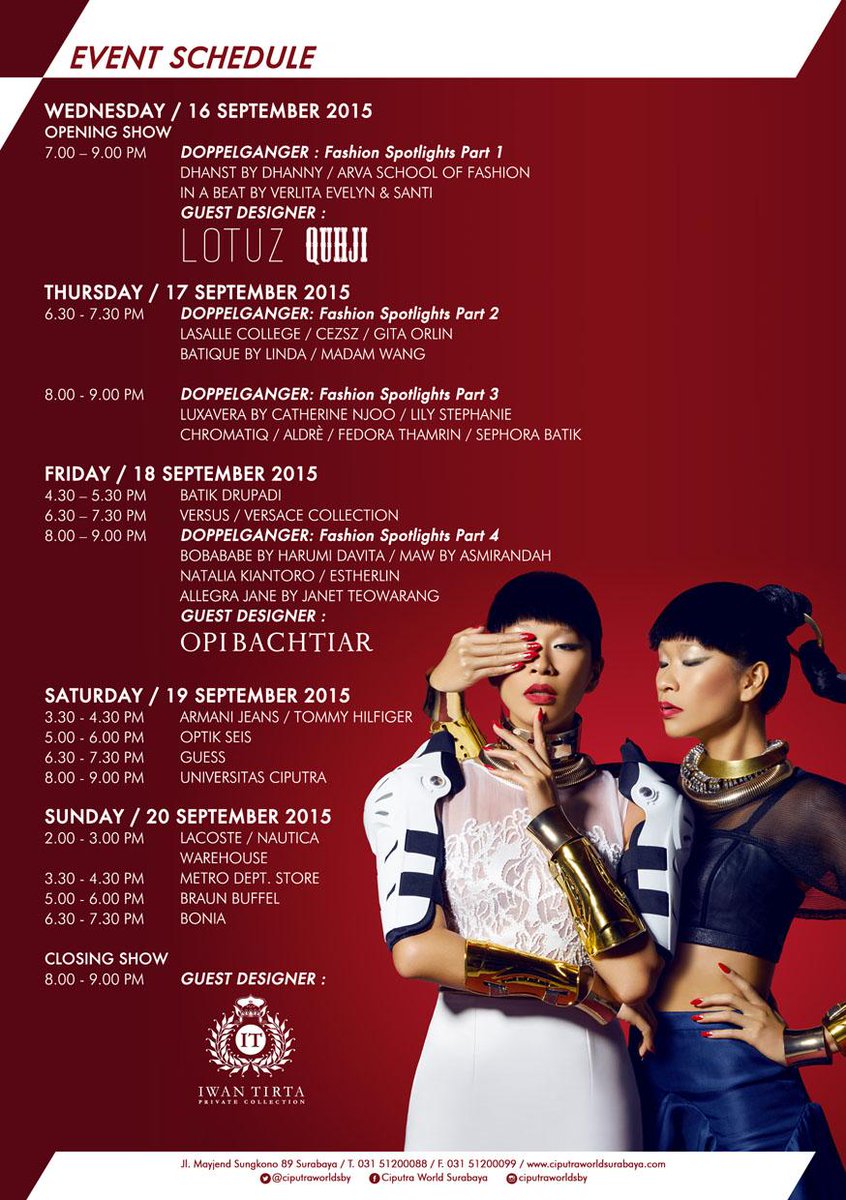 CiputraWorldSby's tweet photo. CIPUTRA WORLD FASHION WEEK 2015. Kindly check the shows schedule, fashionistas! #CWFW2015 http://t.co/Dk6hQHClAV