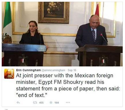 علقت مراسلة الواشنطن بوست أن وزير الخارجية المصري سامح شكري قرأ البيان في المؤتمر الصحفي دون فهم