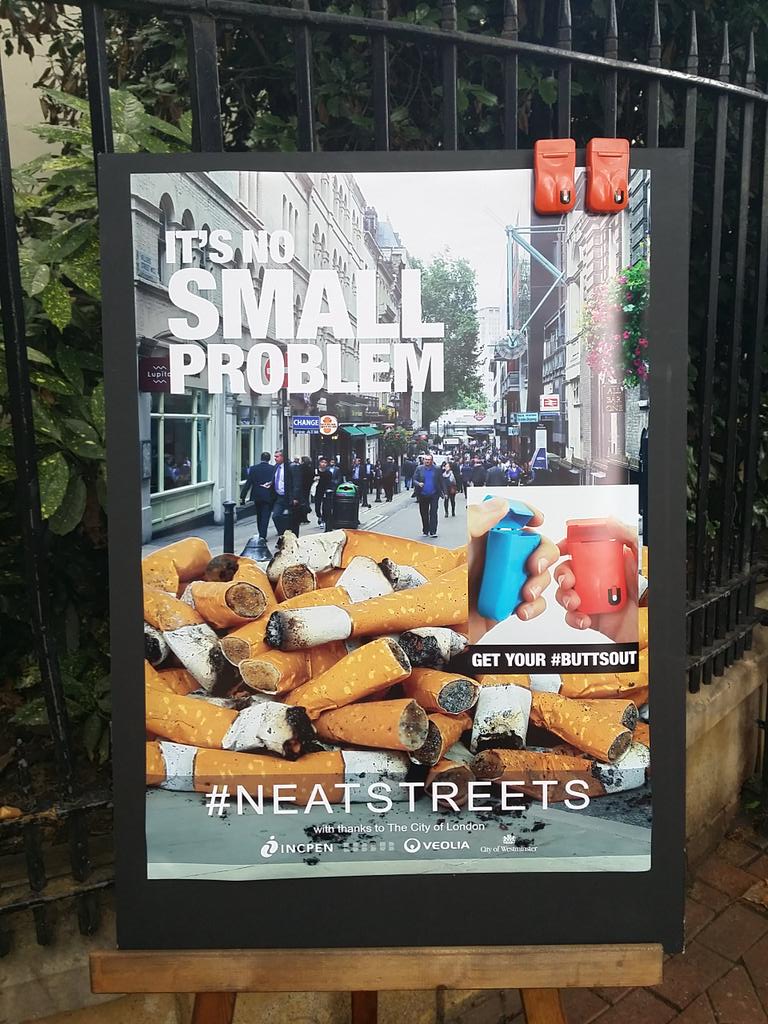hubbubUK's tweet photo. Cigarette #litter is #NoSmallProblem - get your #ButtsOut portable ashtray on #VilliersStreet today. #NeatStreets http://t.co/rv8lA6wduH