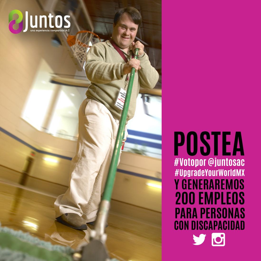 juntosac's tweet photo. Si tuiteas esto: #Votopor @juntosac #UpgradeYourWorldMX 
Daremos empleo a 200 pers con #discapacidad ¿nos ayudas? http://t.co/tCs17iURmR