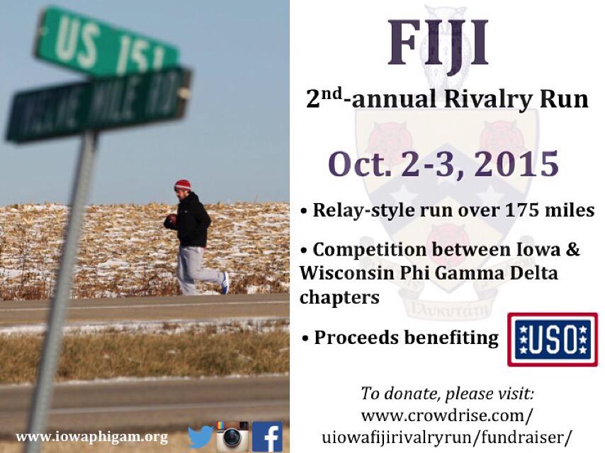 2 chapters,175 Miles, $10,000 

Help our brothers of @iowafiji and <a href="/wisconsinfiji/">Phi Gamma Delta</a> raise their goal of $10,000.