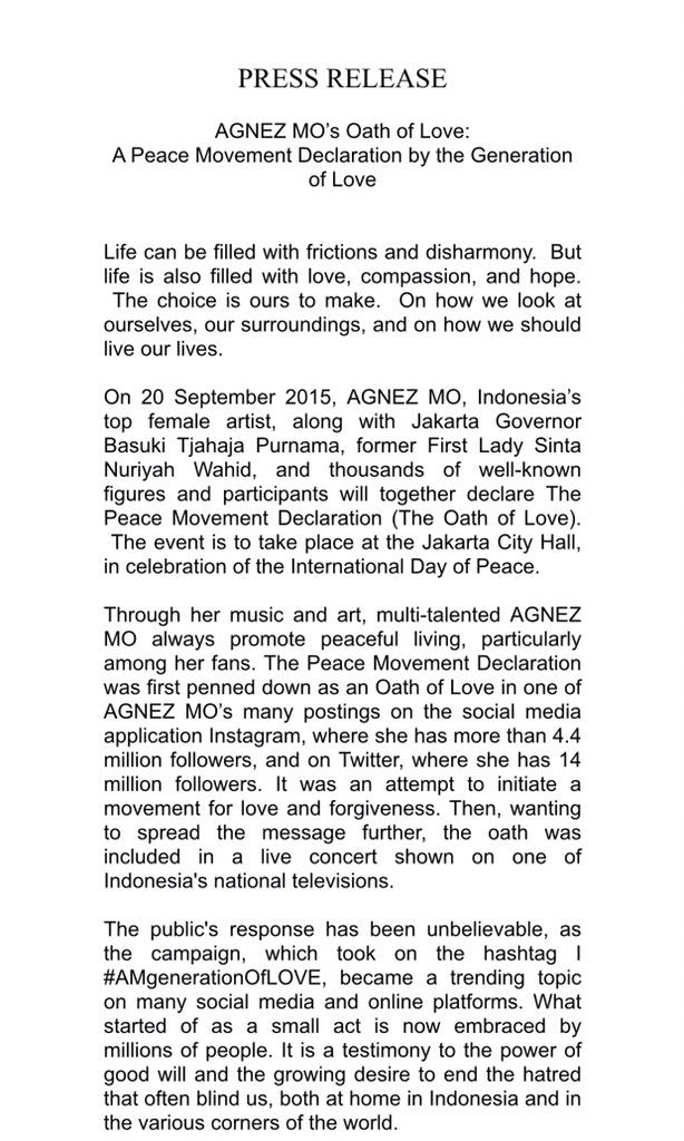 agnezmo's tweet photo. I AM GENERATION OF LOVE (Oath of Love) that i wrote will be billed as Peace Movement Declaration on sept 20, 2015. ❤️ http://t.co/U4KqVExSgB