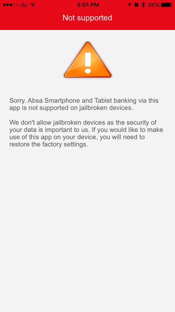 charlengels's tweet photo. @justinspratt @FNBSA app better than @Absa app that tells you iOS 9 is a jailbreak and you can't use it... #absafail http://t.co/57VBG1kxBA