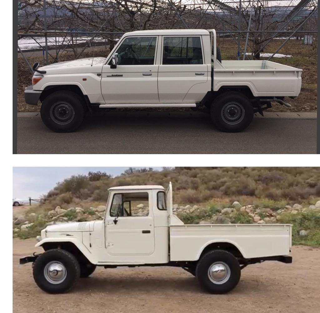 しろいとらっく ななまるさん V Twitter こないだの6輪のランクル40ピックアップと私の70ピックアップの比較画像が割と好評だったのでgrj79と普通のサイズ ロングベッド のfj45の比較画像も作ってみましたよ だいたいこれぐらいのサイズ感なんしゃないかな と ー