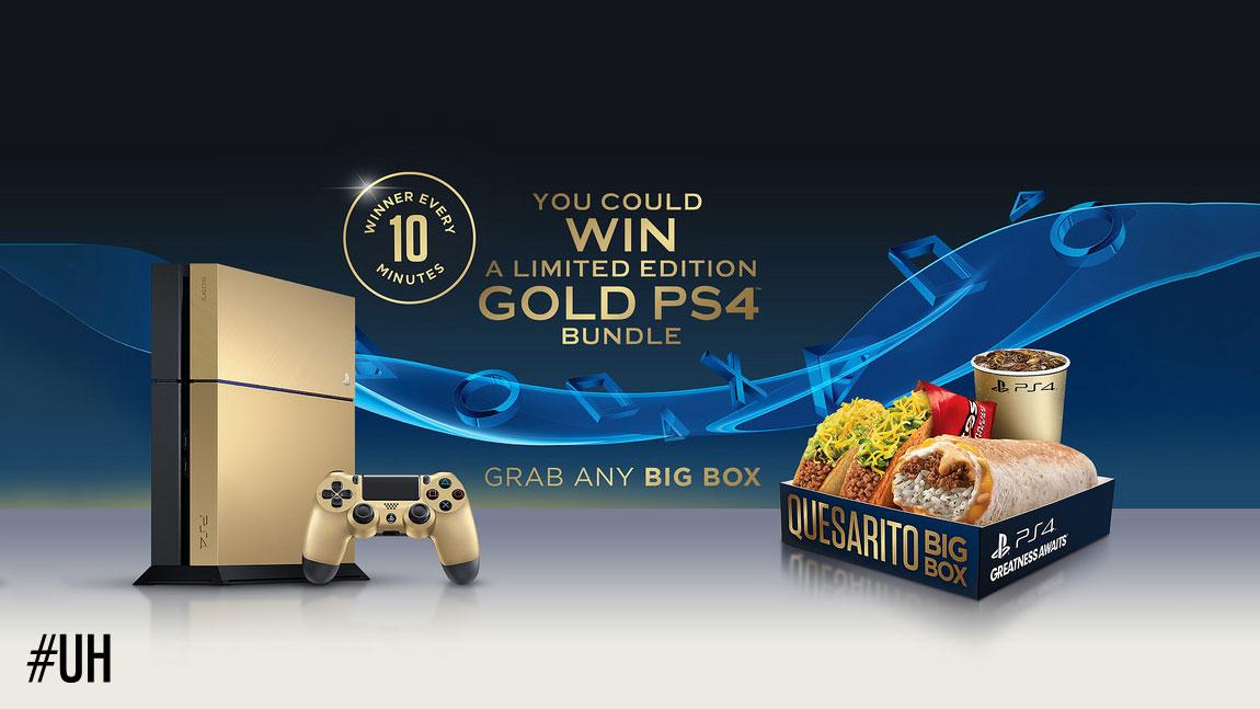 Unboxholics's tweet photo. 6.000 συλλεκτικά χρυσά PlayStation 4 http://t.co/3LVw3Q9sdg #GoldPS4Bundle #GoldPS4 #PS4 #TacoBell #QuesaritoBigBox http://t.co/Xk9Ba2zo9M