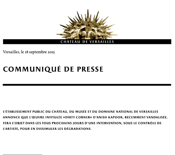 AKversailles's tweet photo. Annonce d'une intervention supervisée par Anish Kapoor pour dissimuler les inscriptions antisémites sur Dirty Corner http://t.co/C0RxTEvibk