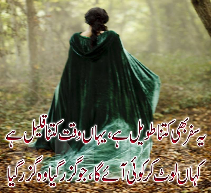 Ye Safar B Kitna Taweel Hai, Yahan Waqt Kitna Qaleel Hai 

Kahan Laut Ker Koi Aaye Ga, Jo Guzar Gaya Woh Guzar Gaya.