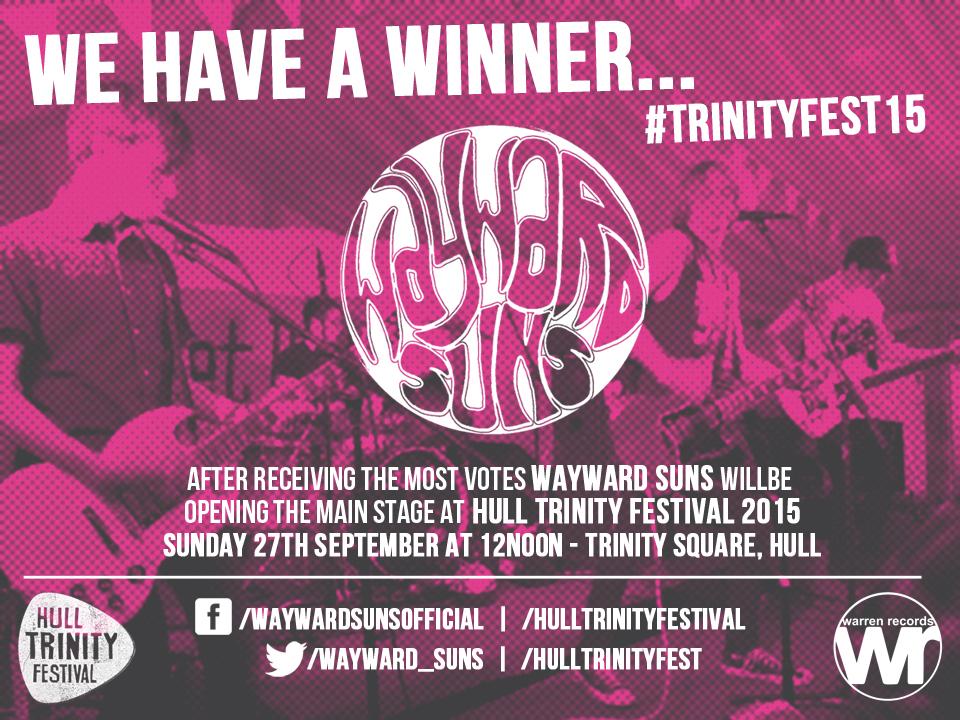 WarrenRecords's tweet photo. @hulltrinityfest #CompetitionWinner @Wayward_Suns open the main stage Sun 27/09 12noon. @BBCIntroHumber @2017Hull http://t.co/gkb7o35x4K