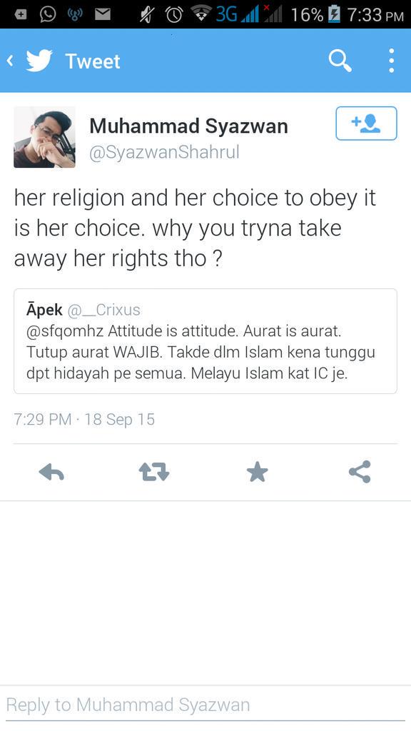 SantaiDanSampah's tweet photo. Awak belajar dekat mana sayang. Apasal bangang sangat ni, ikut Mazhab ayah pin kr? Her choice kepala nenek kau la. http://t.co/dX09BNsmqB