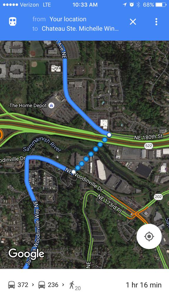 zyellowman2's tweet image. Hey @googlemaps it's going to be difficult to walk across the freeway and the Sammamish River. #routingproblems