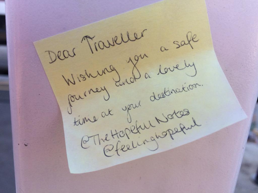 Jo_Wood_'s tweet photo. Note read at Peterborough Stn @TheHopefulNotes Missed connecting train but thanks for cheering us up! @sarah_higson http://t.co/4pnMQfZhh7