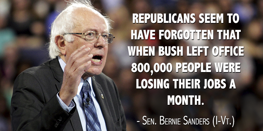 Republicans seem to have forgotten that when Bush left office 800,000 people were losing their jobs a month.