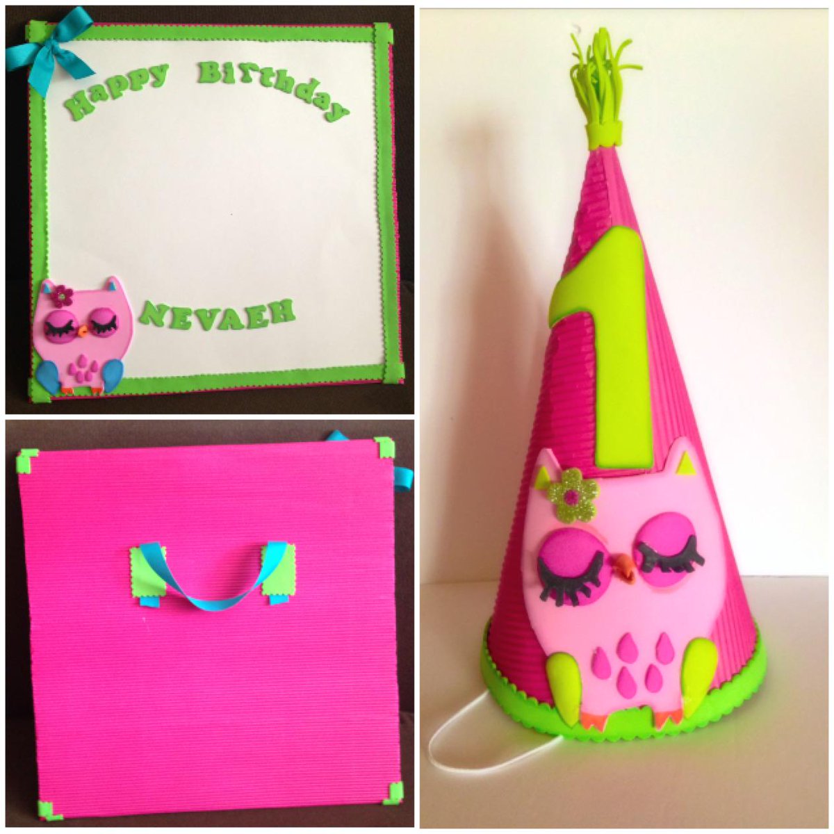 PartyTimeEva's tweet image. Owl birthday package for a one year old...Happy Birthday Nevaeh! #loot bag #banner #centerpiece #hat #signature board