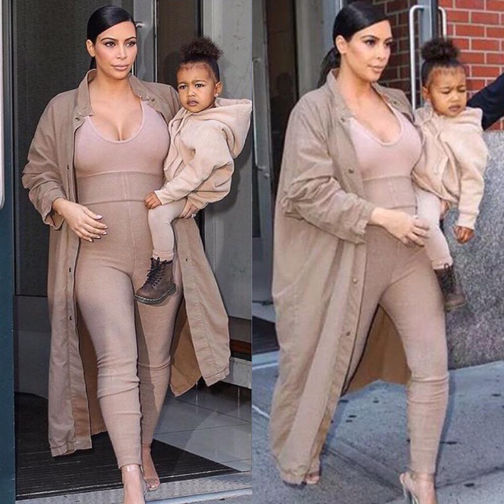 Kim Kardashian on X: Wearing Yeezy Season2 leggings, bodysuit, coat and  heels! North matching mommy in custom baby Yeezy  / X