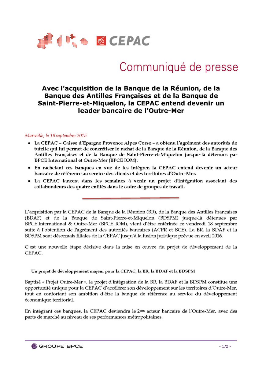 CE_CEPAC's tweet photo. Acquisition des banques #outremer @BanqueReunion #BDAFet #BDSPM : une nouvelle étape ds l’histoire #CEPAC #ProjetOM http://t.co/izATC3V6bY