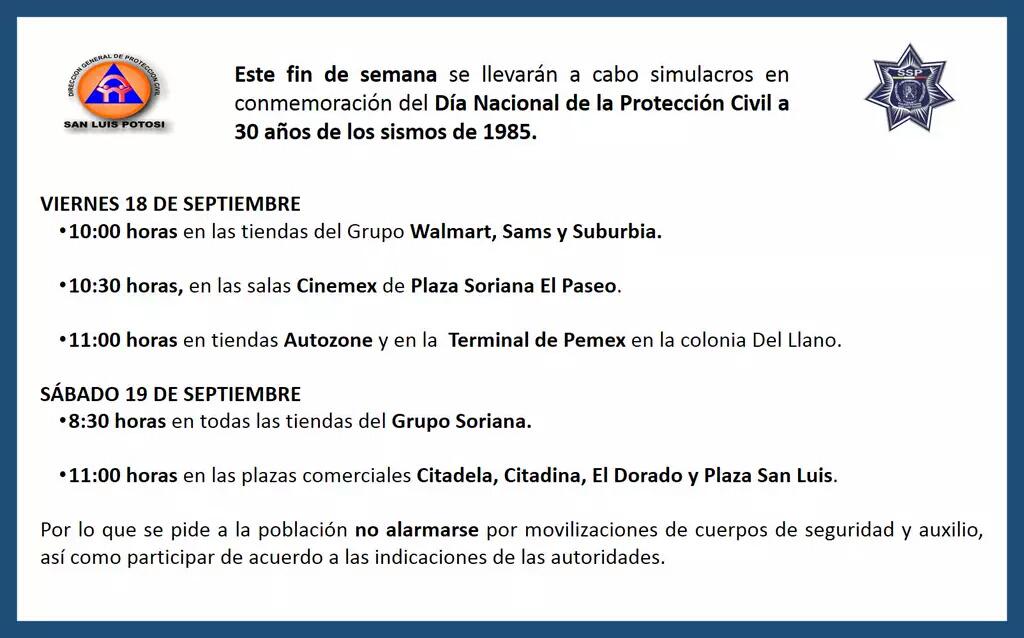 SDS_SLP's tweet photo. Simulacros serán llevados acabo por protección civil en lugares públicos #TomePrecauciones http://t.co/PxxxnJj4kn