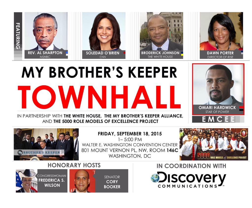 NationalAction's tweet image. How do we set boys and young men of color on the right path? Find out at the #MyBrothersKeeper Town Hall #CBCFALC15