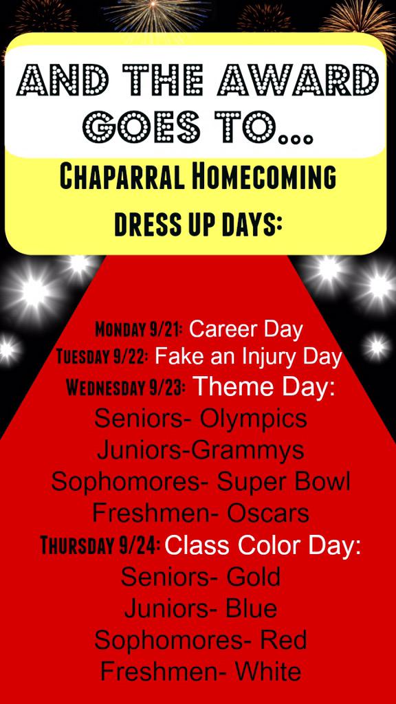 ChapHappenings's tweet image. Reminder of our dress up days for next week! Showcase your spirit, but don't forget to stay school appropriate! 👓👕👗👖👟