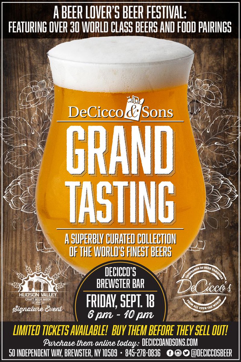DeCiccosBeer's tweet photo. TODAY'S THE DAY! Our #HVCBW #DeCiccosGrandTasting begins at 6 pm in our #Brewster bar! Be sure to print out your tix! http://t.co/t1z1GVp2d6