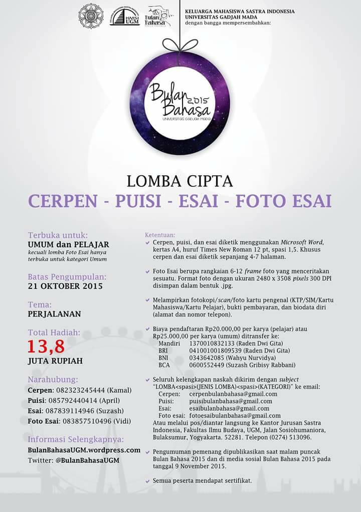 BulanBahasaUGM's tweet photo. @SMAFOUR_PKY Ikuti Kompetisi Menulis &amp; Foto Esai @BulanBahasaUGM dg Tema Perjalanan. Info: http://t.co/wwK6xmyvVa http://t.co/I4U5Ht6LjA