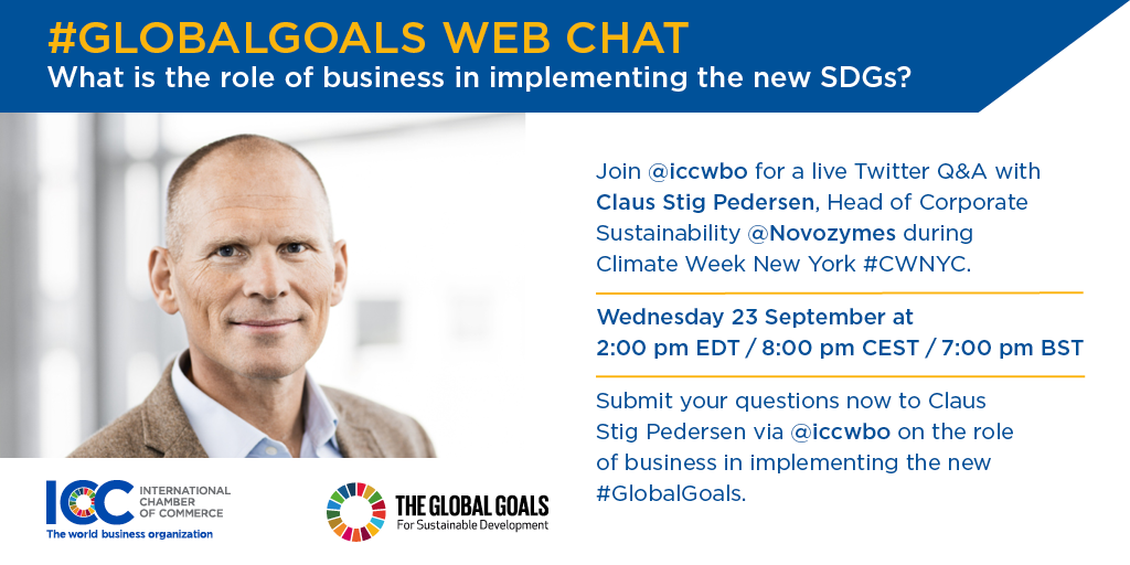 iccwbo's tweet photo. What is the role of biz in the new #SDGs? Submit your questions to Claus Pedersen @novozymes now via @iccwbo #CWNYC http://t.co/RajGYKr5rF