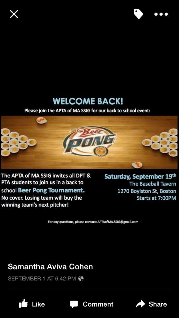 Join the APTA of MA student SIG for a beer pong tournament at Baseball tavern this Sat 9/19. #DPTstudent #Boston