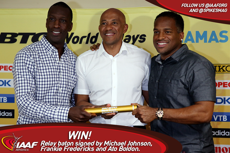 WorldAthletics's tweet photo. Competition time:

Win a relay baton signed by @MJGold, Frankie Fredericks &amp; @AtoBoldon 

Simply RT &amp; follow to enter http://t.co/3pcrxK2fy5