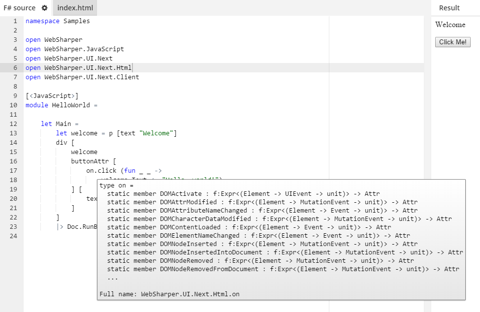 trywebsharper's tweet photo. On-hover type information in Try WebSharper http://t.co/7Si3KkV9Cw #fsharp #websharper #trywebsharper #javascript http://t.co/hZGFkirSaR