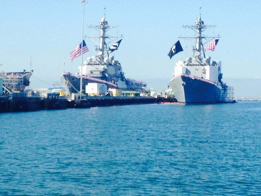 POW/MIA flags over the #USSWILLIAMPLAWRENCE & #USSSTOCKDALE before ceremony to honor them @NavBaseSD @10News