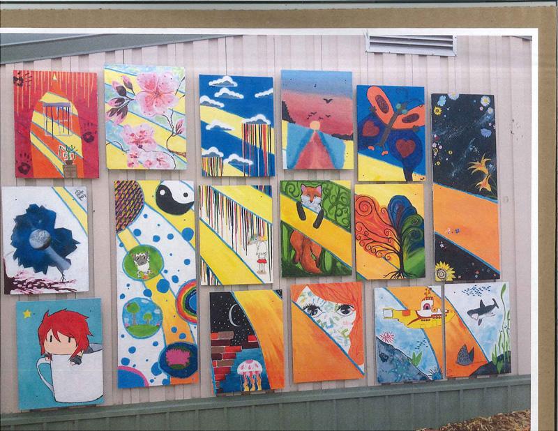 eleblanc1224's tweet photo. Outside my classroom - collaborative community #studentart mural. #taosacademy #k12ArtChat #STEMArts http://t.co/urbA9HljTL