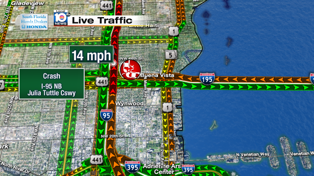 Crash on I-95 NB at I-195. Speeds at 14mph #traffic #miami @JeniseFernandez http://t.co/zOUKxW4i52