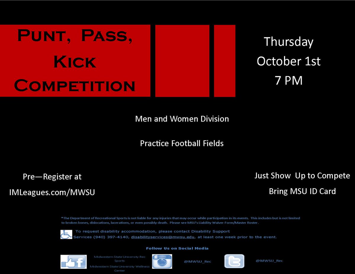 MSUTexasRec's tweet image. Punt, Pass, Kick Competition coming soon! Who can gain the most yards to take home the shirt? #MSURec
