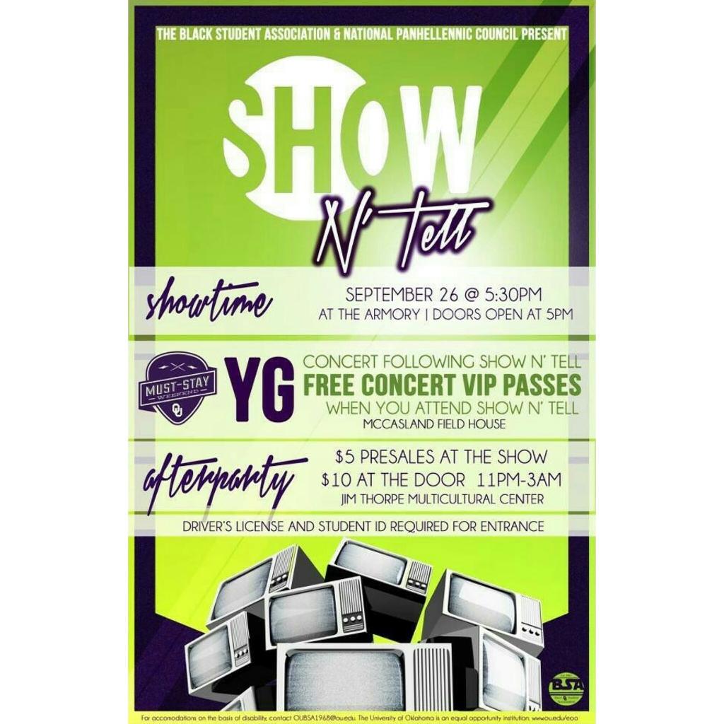 doubleoh7__'s tweet photo. Come out for Show N' Tell Followed by the @YG free concert and after party at Jim Thorpe #BackToBlackOU http://t.co/Fgg7xMO3Y4