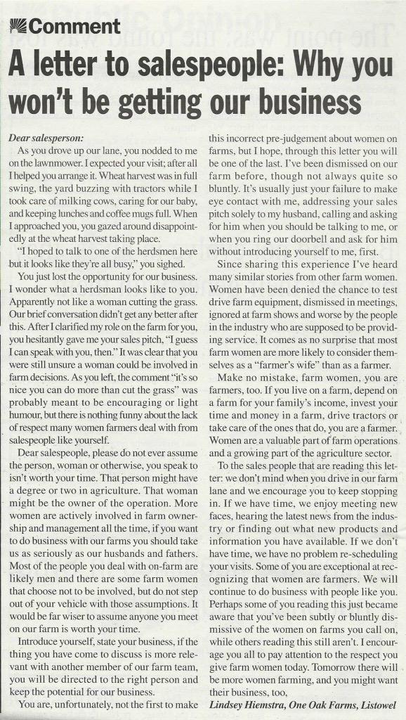 one_oak_farms's tweet photo. This letter I wrote to the Ont. Farmer has been generating lots of discussion.  #womeninag #iamafarmer #farm365 http://t.co/5y4uJbUR2q