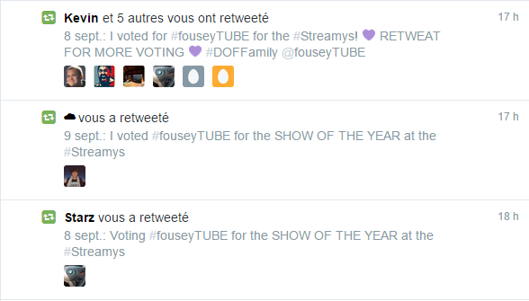 EZEL2005's tweet photo. Thanks is just like I was voting until the 17th #DOFFamily #DoseOfFousey #TheStreamys #SHOWOFTHEYEAR #CongratsFousey http://t.co/79UduChNjN