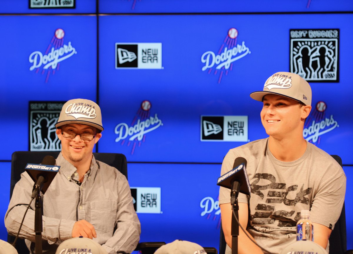 Dodgers's tweet photo. #LiveLikeAChamp @NewEraCap inspired by Champ, Joc's brother, benefiting @BestBuddies available at Dodger Stadium now. http://t.co/yughb9T3yS